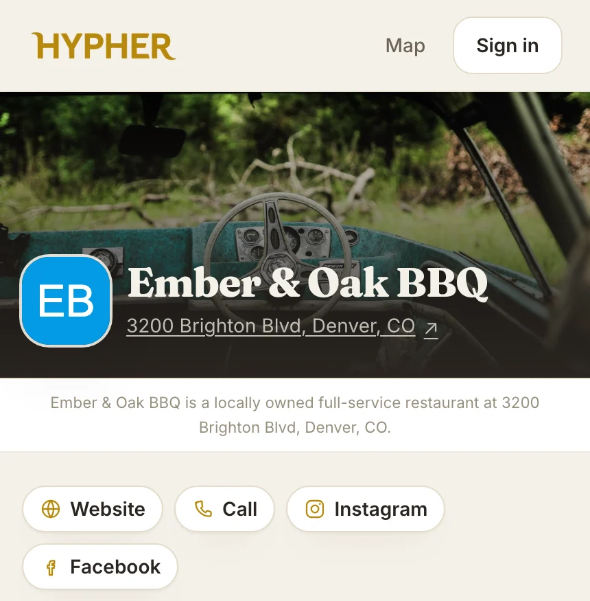 A partner page on Hypher: the business name, address, photo, and buttons for website, call and social media